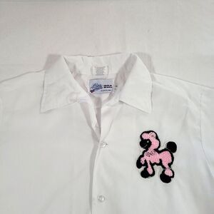 Vtg Pink Poodle Patch Button Shirt L 1950s Cruisin USA Sock Hop bowling Cosplay
